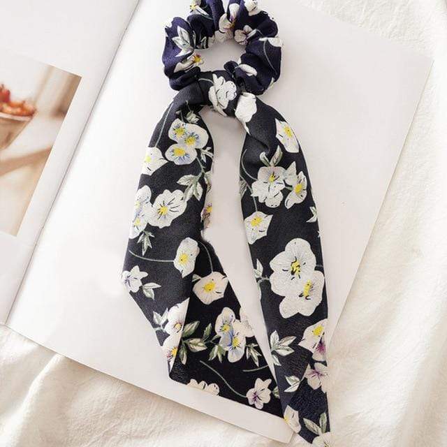 DIY Solid/Floral Print Bow Satin Long Ribbon Ponytail Scarf Hair Tie Scrunchies Women Girls Elastic Hair Bands Hair Accessories AExp
