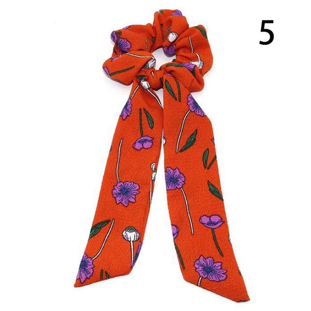 DIY Solid/Floral Print Bow Satin Long Ribbon Ponytail Scarf Hair Tie Scrunchies Women Girls Elastic Hair Bands Hair Accessories AExp