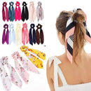 DIY Solid/Floral Print Bow Satin Long Ribbon Ponytail Scarf Hair Tie Scrunchies Women Girls Elastic Hair Bands Hair Accessories AExp