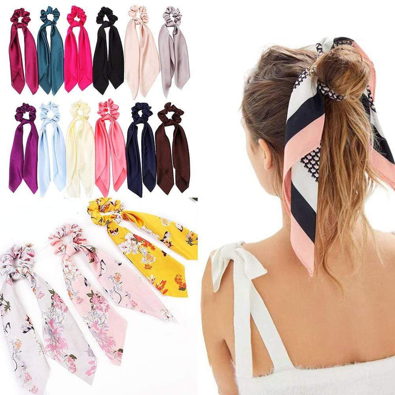 DIY Solid/Floral Print Bow Satin Long Ribbon Ponytail Scarf Hair Tie Scrunchies Women Girls Elastic Hair Bands Hair Accessories AExp