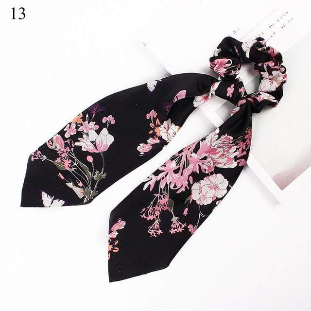 DIY Solid/Floral Print Bow Satin Long Ribbon Ponytail Scarf Hair Tie Scrunchies Women Girls Elastic Hair Bands Hair Accessories JadeMoghul Inc. 
