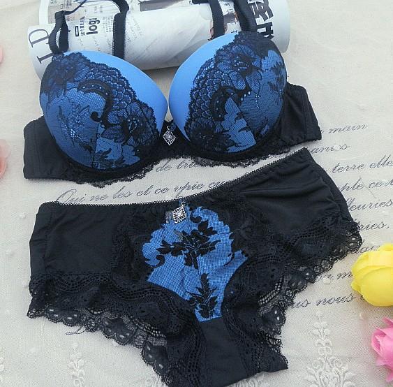 DKERT ABC 75 80 85 90 95 Thong Bra Set Push Up Lace Women Underwear Panty Set Set Hollow Out G String Embroidered Bra Brief Sets-blue 2-A-34-JadeMoghul Inc.