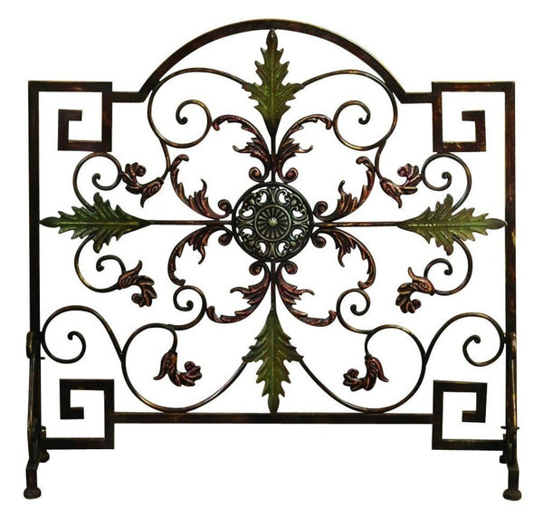 Domed Top Leaf Patterned Single Panel Metal Fire Screen, Bronze and Green-Screens and Room Dividers-Bronze and Green-Metal-Textured-JadeMoghul Inc.