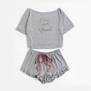 Dotfashion High Low Top And Frill Hem Shorts Pajama Set Women Letter Set Two Piece 2017 Grey Boat Neck Long Sleeve Pajama Set-Gray-XS-JadeMoghul Inc.
