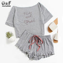 Dotfashion High Low Top And Frill Hem Shorts Pajama Set Women Letter Set Two Piece 2017 Grey Boat Neck Long Sleeve Pajama Set-Gray-XS-JadeMoghul Inc.