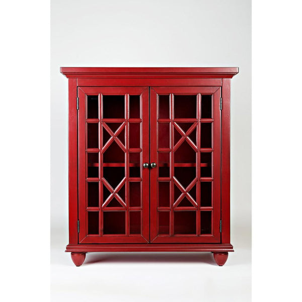 Double Door Wooden Accent Chest With Intricated Front Panels, Crimson Red-Cabinet and Storage chests-Red-Wood/Metal/Mirror-JadeMoghul Inc.