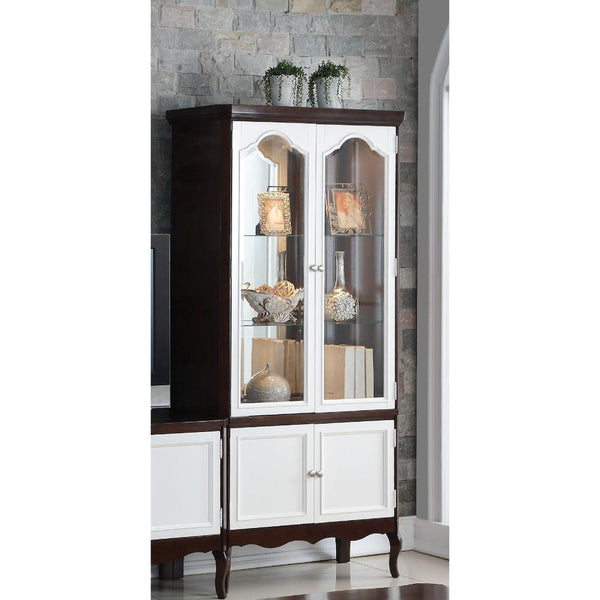 Double Glass Door Wooden Curio Cabinet With Mirrored Back Panel, Brown And White-Cabinet and Storage Chests-White And Brown-Wood Veneer (Wood) And Glass-JadeMoghul Inc.