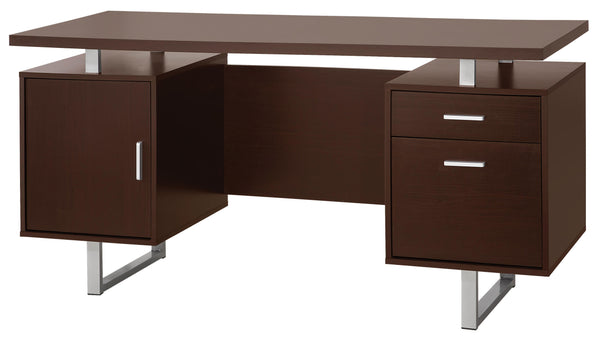 Double Pedestal Office Desk With Metal Sled Legs, Brown-Desks and Hutches-Brown-Wood-JadeMoghul Inc.