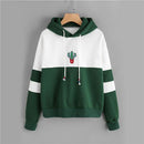 Drawstring Color Block Cactus Embroidered Hoodie-White Green-S-JadeMoghul Inc.