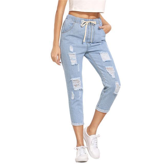 Drawstring Waist Distressed Soft Cotton Denim pants-Blue-S-JadeMoghul Inc.