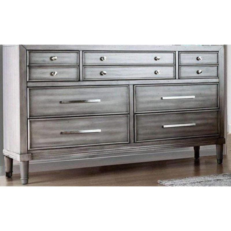 Dressers Spacious 8 Drawer Wooden Dresser with Metal Pulls, Gray and Silver Benzara
