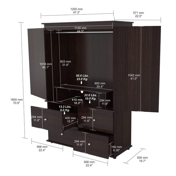 Dressers Tall Dresser - 70.9" Espresso Solid Composite Wood Dresser with 2 Doors and 4 Drawers HomeRoots