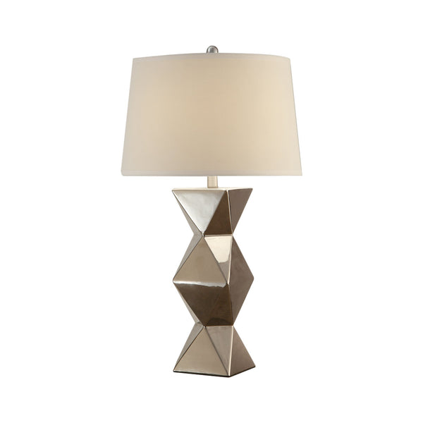 Drum Shade Table Lamp With Geometric Pattern Base Silver Set of 2-Table & Desk Lamp-Silver-ceramic table lamp,fabric shade-JadeMoghul Inc.