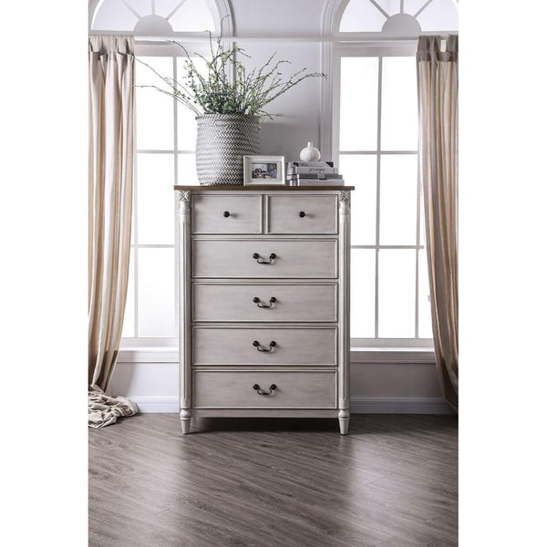 Dual Tone Five Drawers Wooden Chest with Tapered Feet Support, White and Brown-Cabinet and Storage Chests-White and Brown-Wood Veneer Solid Wood and Metal-JadeMoghul Inc.