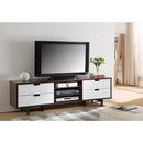 Dual Tone TV Stand With Cutout Handle Drawers, Brown and White-Entertainment Centers and Tv Stands-Brown and White-Metal-JadeMoghul Inc.