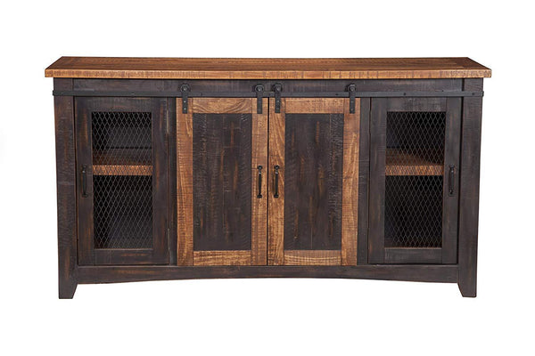 Dual Tone Wood and Metal TV Stand With 2 Mesh Style Doors, Antique Black and Brown-Multimedia Stand-Black and Brown-Pine Pine Veneer-JadeMoghul Inc.