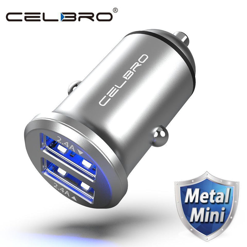 Dual USB Car Charger Adapter 4.8A Mini Metal Car-Charger Mobile Phone Car USB Charger Auto Charge 2 Port 24W for Samsung iPhone-Silver Car Charger-JadeMoghul Inc.