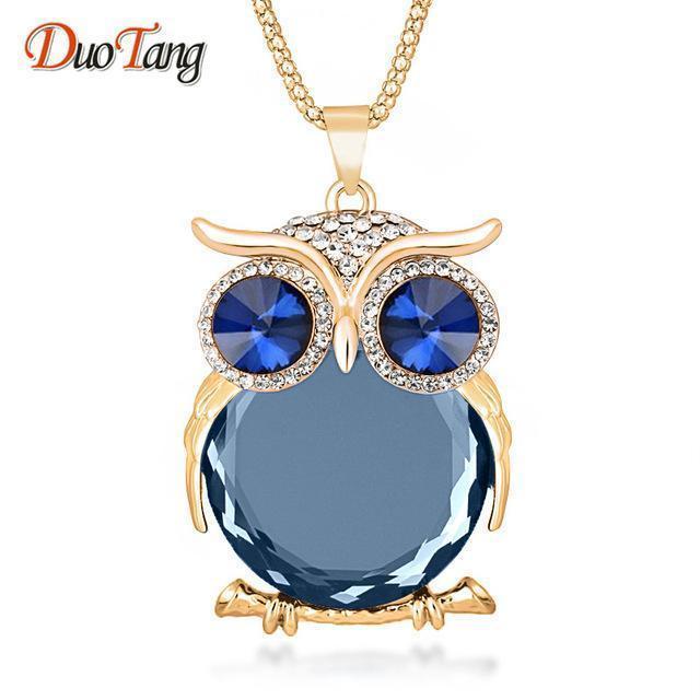DuoTang High Quality Vintage Necklaces Zinc Alloy Crystal Jewelry Owl Necklace Pendant Long Popcorn Chain Necklace For Women-Gold Gray-JadeMoghul Inc.