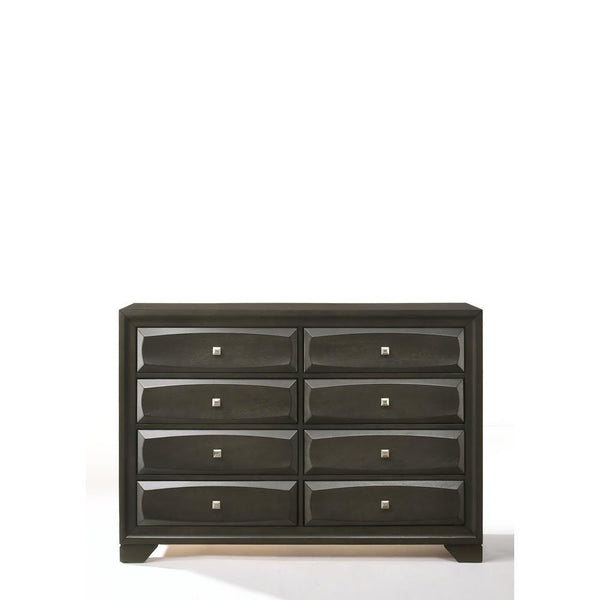 Eight Drawer Dresser With Brushed Nickel Accent And Chamfered Legs, Antique Gray-Bedroom Furniture-Gray-Wood-JadeMoghul Inc.