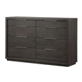 Eight Drawer Dresser with Nickel Plated Pull and Floating Plinth Base, Gray-Cabinets and storage chests-Gray-Wood and Metal-JadeMoghul Inc.