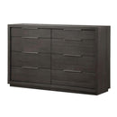 Eight Drawer Dresser with Nickel Plated Pull and Floating Plinth Base, Gray-Cabinets and storage chests-Gray-Wood and Metal-JadeMoghul Inc.