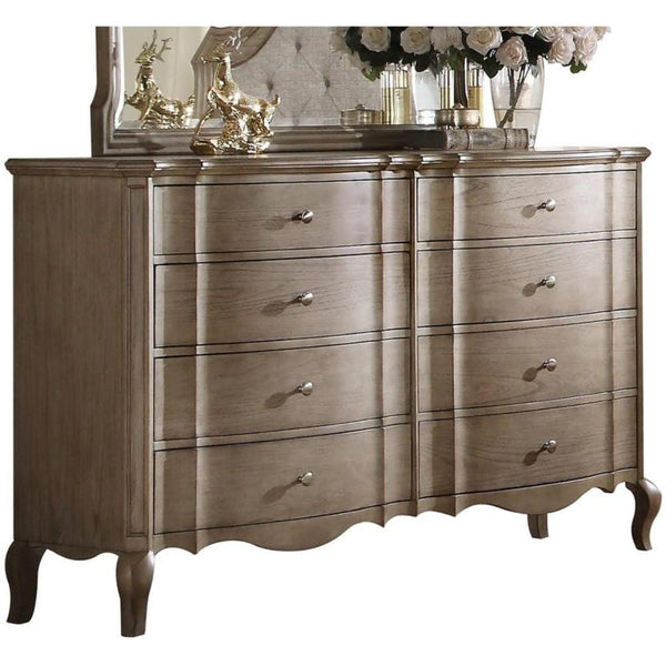 Eight Drawer Dresser With Scalloped Bottom Edge & Cabriole Leg, Antique Taupe-Bedroom Furniture-Brown-Wood Veneer-JadeMoghul Inc.