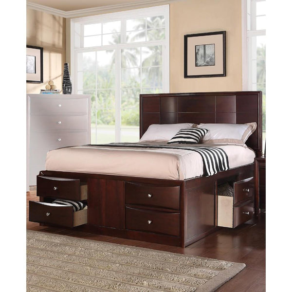 E.King Bed With 6 Under Bed Drawers, Espresso Finish-Panel Beds-Brown-Pine Wood Mdf Birch Veneer Plywood-JadeMoghul Inc.