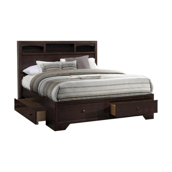 E.King Bed With Display Shelves & Under Bed Drawers Dark Brown Finish-Panel Beds-Brown-Rubber Wood Mdf W. Birch Veneer-JadeMoghul Inc.