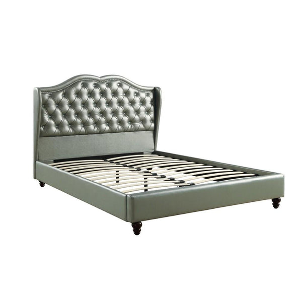 E.King Wooden Bed With PU Tufted Headboard, Silver-Panel Beds-Silver-Faux Leather Plywood Solid Pine Plywood Wood-JadeMoghul Inc.