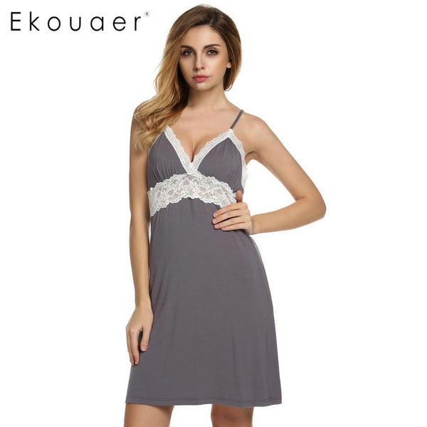 Ekouaer Brand Spring Autumn Nightgown Women Sexy Spaghetti Strap Lace Patchwork Lingerie Dress Sleepwear Sleepshirts Size S-XL-Light blue-XS-JadeMoghul Inc.