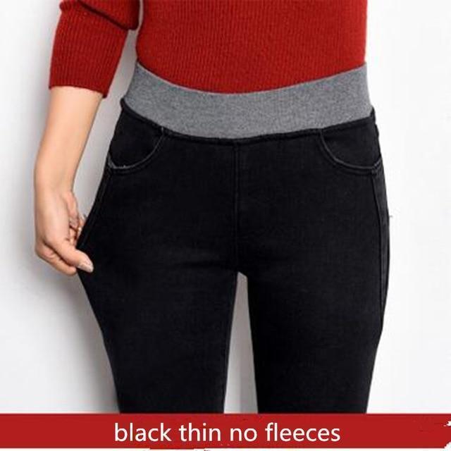 Elastic Waist Fleece Lines Winter Denim Pants-black thin-26-JadeMoghul Inc.