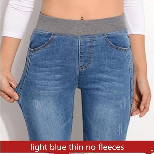 Elastic Waist Fleece Lines Winter Denim Pants-light blue thin-26-JadeMoghul Inc.