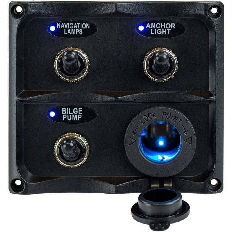 Electrical Panels Sea-Dog Water Resistant Toggle Switch Panel w/LED Power Socket - 3 Toggle [424623-1] Sea-Dog