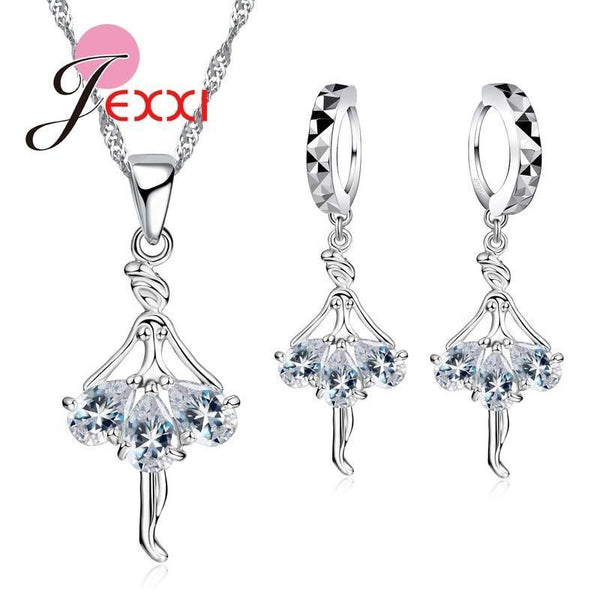 Elegant 925 Sterling Silver Ballerina Necklace Earrings Set With Shiny Crystals--JadeMoghul Inc.