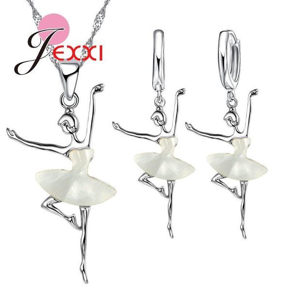 Elegant Ballerina Pendant And Earrings Sterling Silver Jewelry Set--JadeMoghul Inc.
