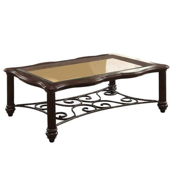 Elegant Coffee Table, Dark Walnut & Clear Glass-Coffee Tables-Brown & Clear Glass-Glass Wood (Schima Superba)-JadeMoghul Inc.