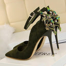 Elegant Crystal Pointed Toe Wedding Shoes - New Women's Solid Flock Fashion Buckle Shallow High Heels Shoes for Women-Lawngreen-4.5-JadeMoghul Inc.