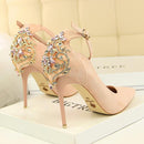 Elegant Crystal Pointed Toe Wedding Shoes - New Women's Solid Flock Fashion Buckle Shallow High Heels Shoes for Women-Pink-4.5-JadeMoghul Inc.