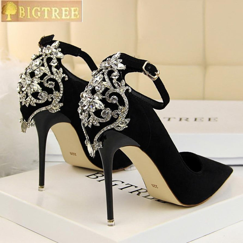 Elegant Crystal Pointed Toe Wedding Shoes - New Women's Solid Flock Fashion Buckle Shallow High Heels Shoes for Women-Pink-4.5-JadeMoghul Inc.