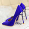Elegant Metal Carved Heels Women Pumps Solid Silk Pointed Toe Shallow Fashion High Heels 10cm Shoes Women's Wedding Shoes-Blue-4.5-JadeMoghul Inc.