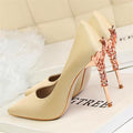 Elegant Metal Carved Heels Women Pumps Solid Silk Pointed Toe Shallow Fashion High Heels 10cm Shoes Women's Wedding Shoes-Champagne-4.5-JadeMoghul Inc.
