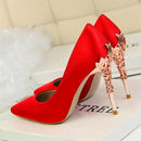 Elegant Metal Carved Heels Women Pumps Solid Silk Pointed Toe Shallow Fashion High Heels 10cm Shoes Women's Wedding Shoes-Red-4.5-JadeMoghul Inc.