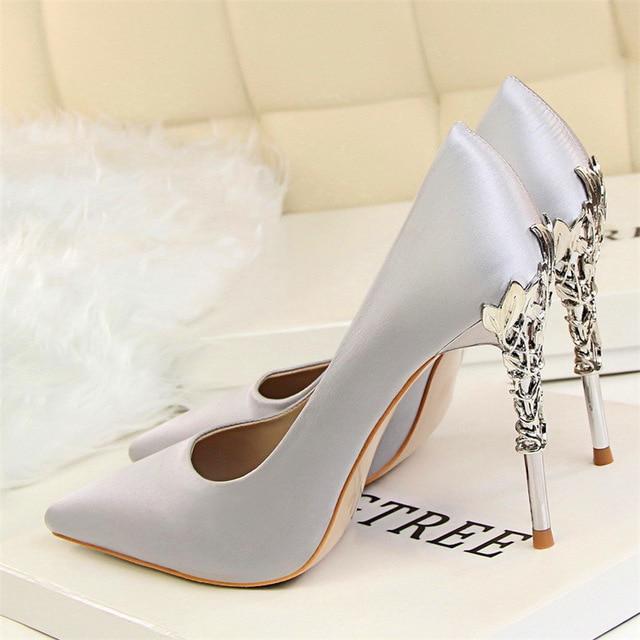 Elegant Metal Carved Heels Women Pumps Solid Silk Pointed Toe Shallow Fashion High Heels 10cm Shoes Women's Wedding Shoes-Silver gray-4.5-JadeMoghul Inc.