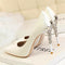 Elegant Metal Carved Heels Women Pumps Solid Silk Pointed Toe Shallow Fashion High Heels 10cm Shoes Women's Wedding Shoes-White-4.5-JadeMoghul Inc.