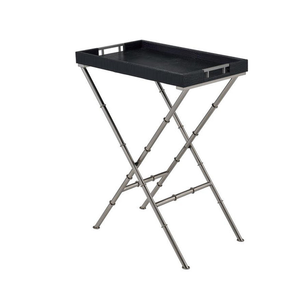 Elegant Tray Table, Black & Brushed Nickel Gray-Side Tables and End Tables-Black & Gray-MDF PU Metal-JadeMoghul Inc.