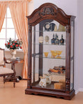 Elegant Wooden Curio Cabinet, Cherry Brown-Accent Chests and Cabinets-Brown-PB MDF Poplar Wood Light Glass Mirror-JadeMoghul Inc.