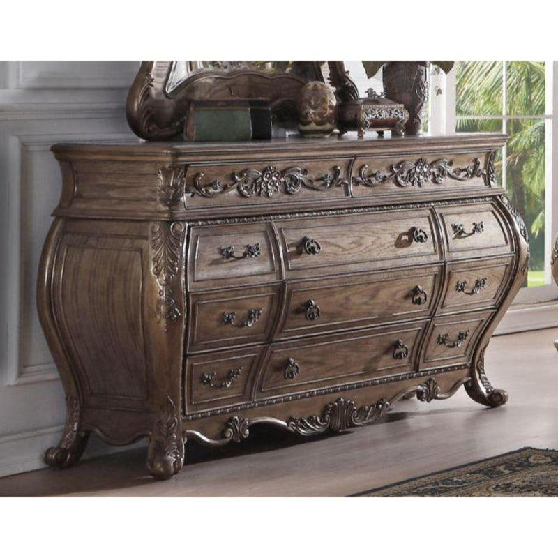 Eleven Drawer Dresser With Antique Handles & Scrolled Legs, Vintage Oak Finish-Bedroom Furniture-Brown-Wood-JadeMoghul Inc.