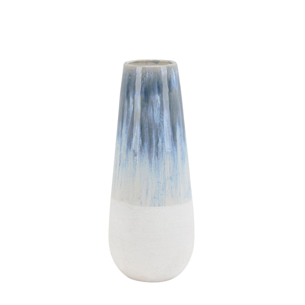Elongated Shape Ceramic Vase with Distressed Pattern, Large, Blue and White-Vases-Blue and White-Ceramic-JadeMoghul Inc.