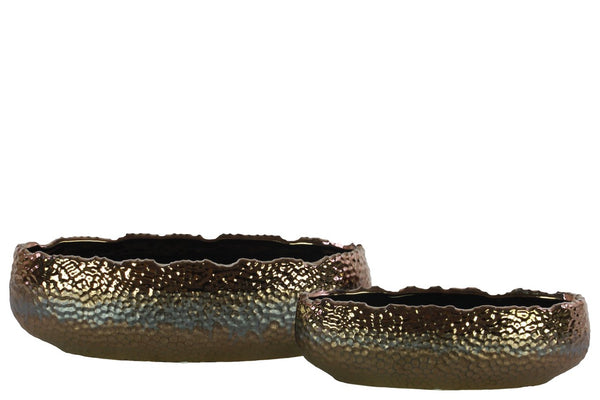 Embedded Fish Scale Irregular Lip Pot With Gloss Banded Rim Top, Set of 2, Gold-Home Accent-Gold-Ceramic-Metallic Finish-JadeMoghul Inc.