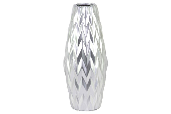 Embossed Wave Design Ceramic Vase With Round Lip, Large, Silver-Vases-Silver-Ceramic-JadeMoghul Inc.